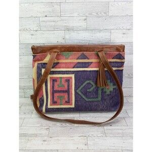 Vintage Tapestry Bag Leather Accents Hand Crafted Carpet Bag Western
